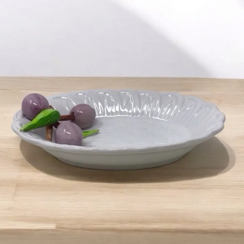 Elegant White Ceramic Trinket Plate Dish with Purple Grapes by Jay Willfred